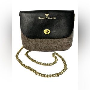 Sword & Plough Black Leather & Wool Crossbody Bag Purse w/ Removable Gold Chain